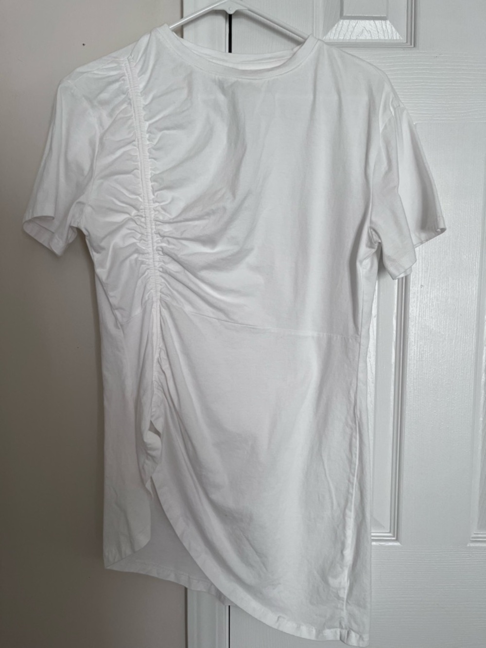 Anewstra White Ruched Asymmetric Short Sleeve Tee size large